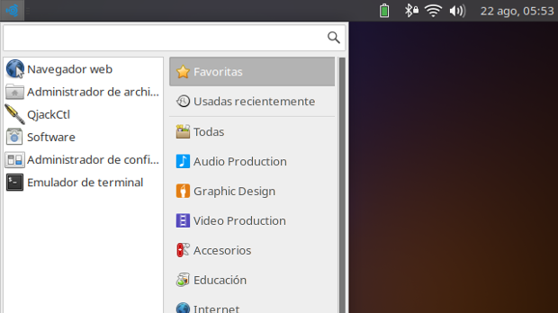 UbuntuStudio resolución 640x480 con menu desplegado